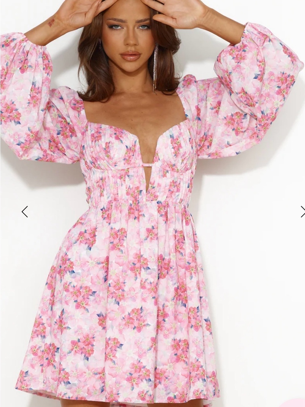 Hello Molly Pink Floral Puff-Sleeve Mini Dress